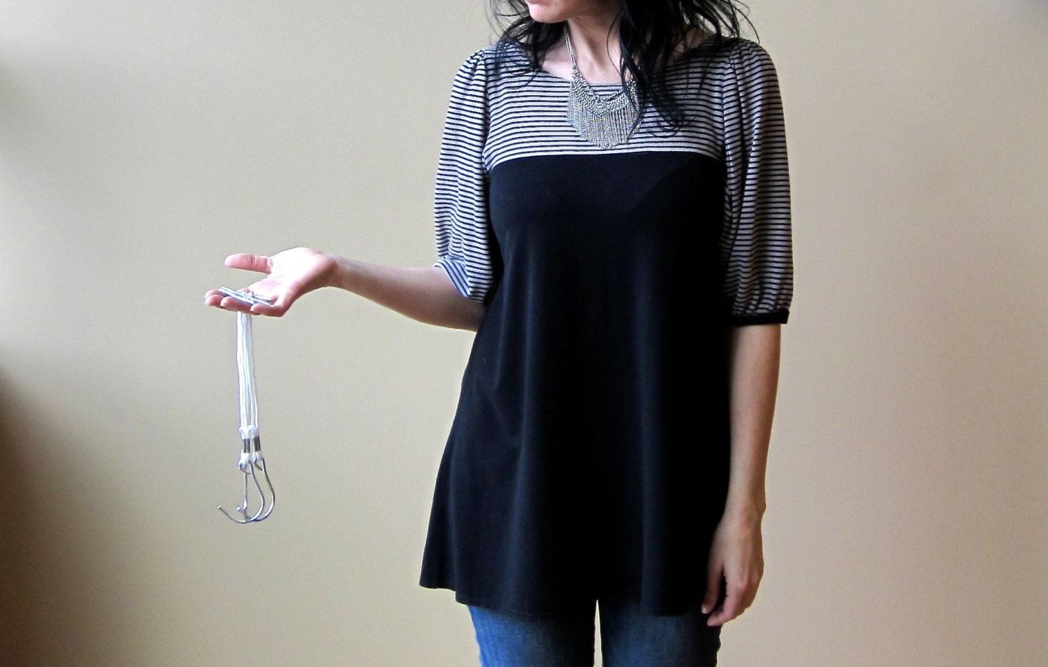 Women's Tunic with Stripes, Black and Grey, Puff Sleeves,  Modern Style- made to order