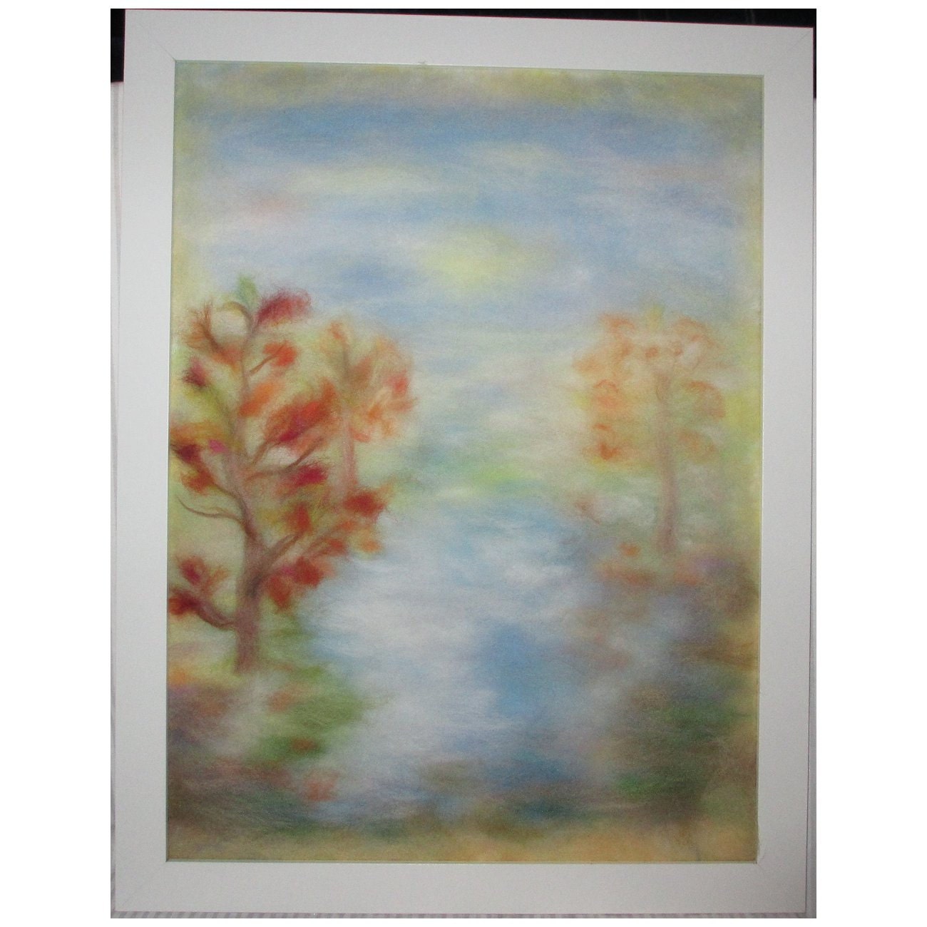 Autumn. Morning. Water. - wool fiber art, wall hanging, wool picture