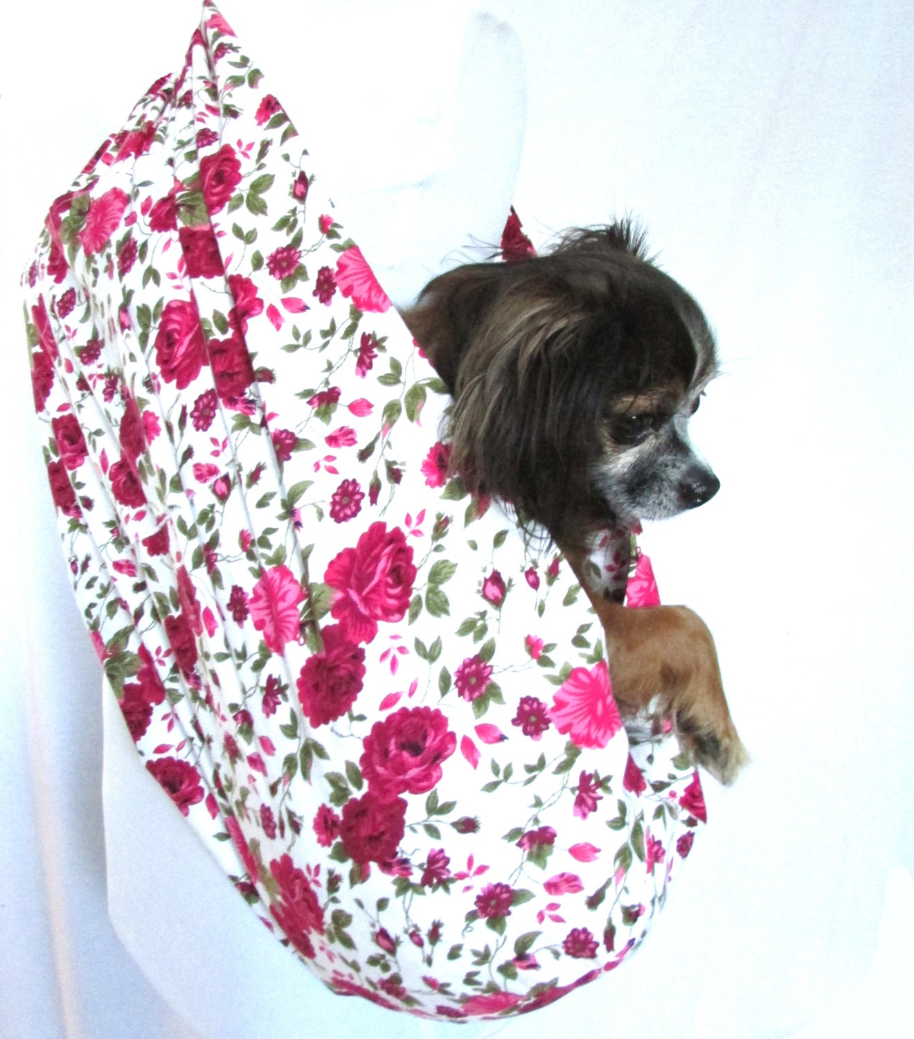 Pet Dog Sling Carrier-Vintage Inspired Rose Floral Fabric- Features conveniant shoulder pocket