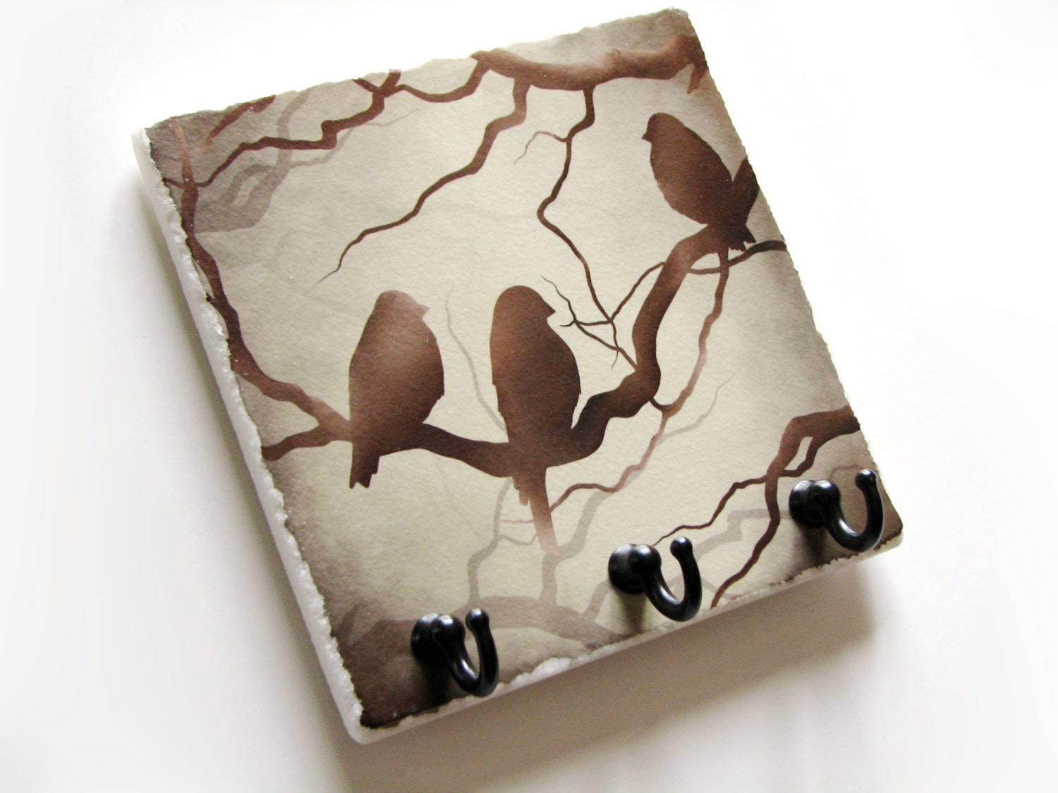 Bird Wall Decor Ceramic Tile Key Rack, Nature Themed Home Decoration Key Hook Hanger, Earth Tone Key Holder