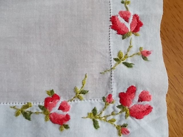Vintage Hankie, Ladies Hankie, Red Embroidered Roses, Mother of Bride,, Victorian, Romantic, Mothers Day