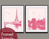 Eiffel Tower and Bridge (Set of 2 11x14 Prints) (Featured in Honey Suckle and Soft Pink) Vintage Modern Decor