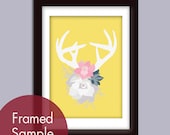 Deer Head Silhouette with Flowers (series A) 5x7 Art Print  (Assorted Colors) VIntage Modern Style (Customized Colors)