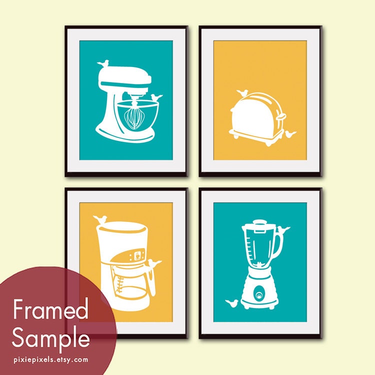 Birds in a Kitchen Series (A) - Set of 4 8x10 Art Print (Featured in Ocean Blue and Beeswax) Customize Colors