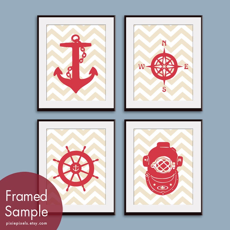 High Seas (A) Set of 4 8x10 Art Prints (Anchor, Compass, Ship Wheel and Sea Diver Helmet) (Featured Cream and Ruby Red)
