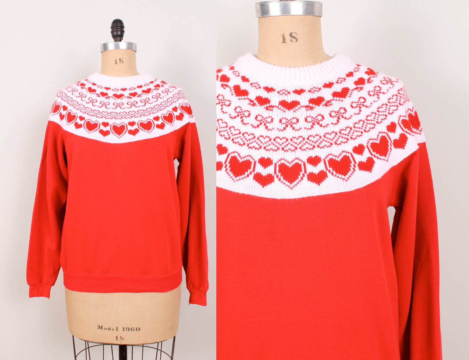 1980s Hearts & Bows Sweater / Sweatshirt - Womens XL - Graphic Knit Heart / Bow Pullover 80s Shirt Top Red White Yoke Yoked Knitted Vegan