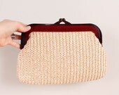 70s / 80s Straw Clutch / Ivory Handbag Woven Purse 1970s 1980s