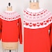 1980s Hearts & Bows Sweater / Sweatshirt - Womens XL - Graphic Knit Heart / Bow Pullover 80s Shirt Top Red White Yoke Yoked Knitted Vegan