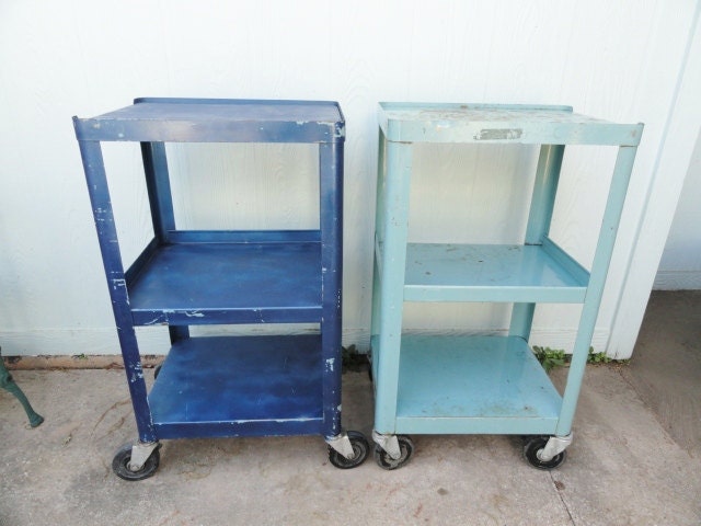 Vintage Industrial Cart Utility Table Rolling Metal Casters Aqua Blue 32" Tall