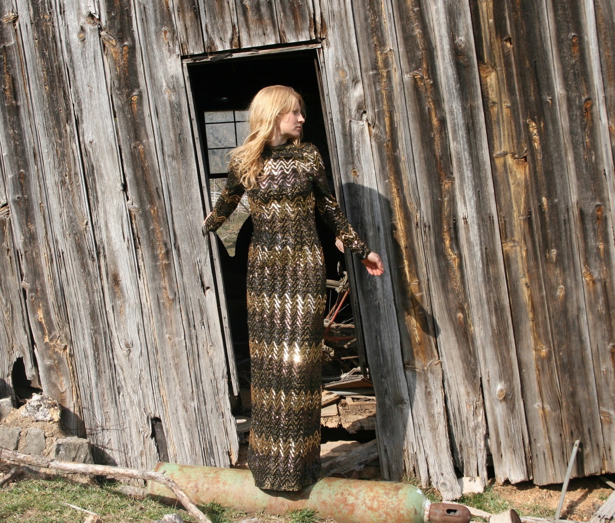 Vintage 60s 70s Sequined Gown M - OMBRE Sheath Dress - Missoni Inspired - Hollywood Glamour - MAD MEN