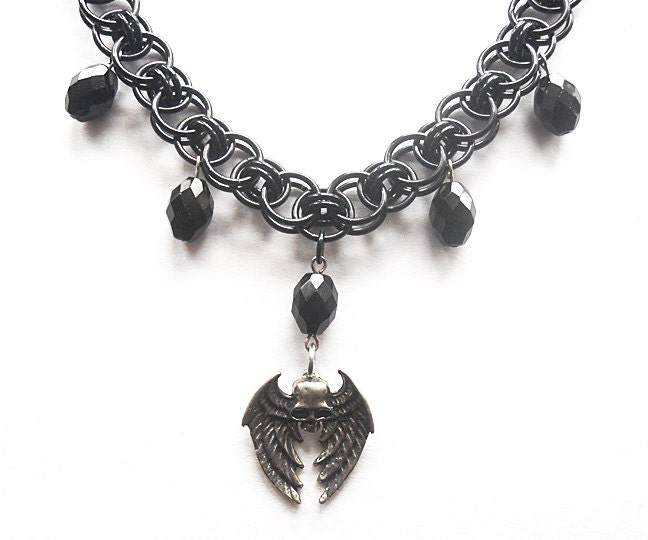 Winged skull necklace, Skull with wings, Black chainmaille necklace, Helm weave