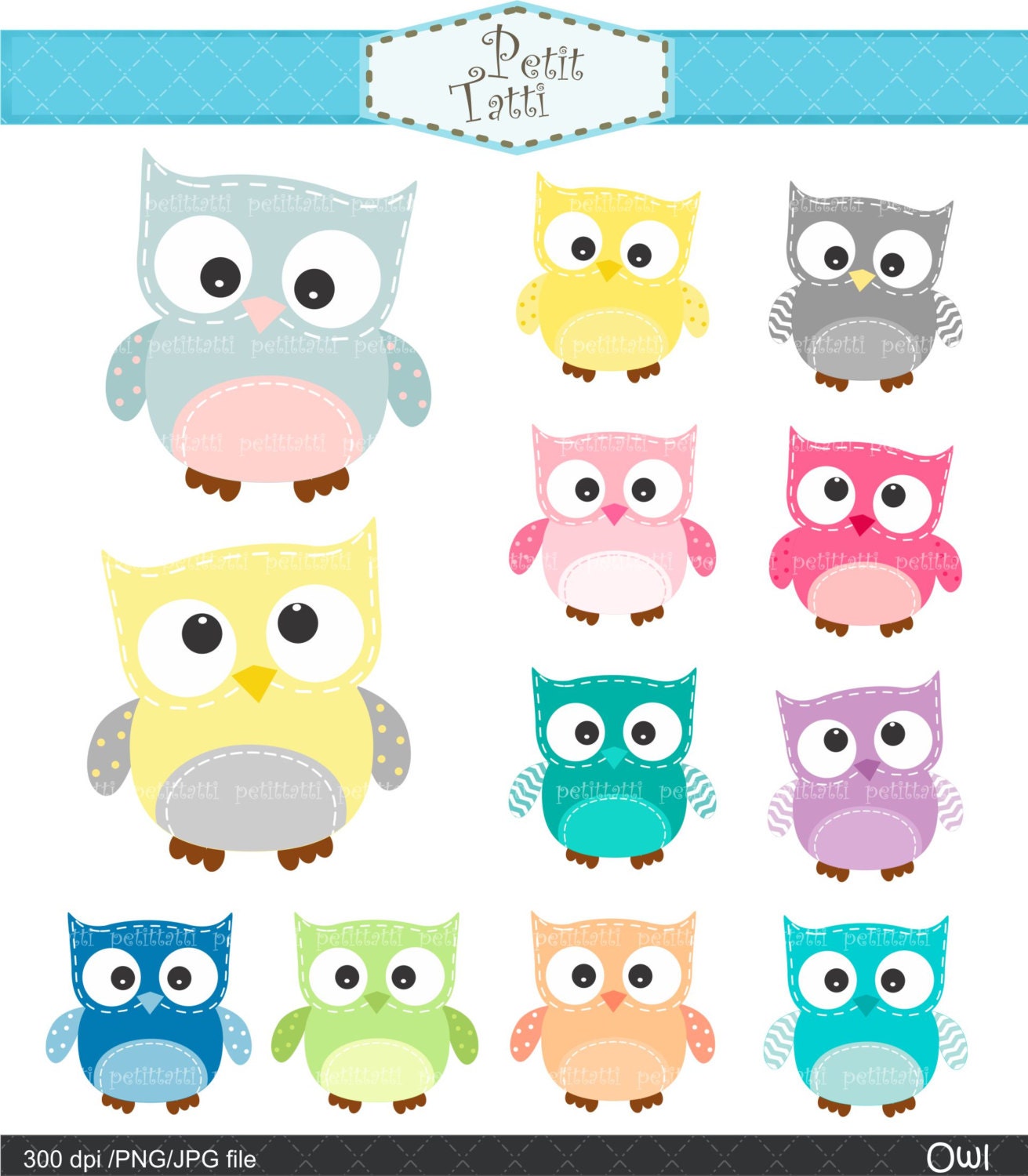 Digital clip art for all use,Owls, owl clip art , pink, blue , yellow and grey ,  INSTANT DOWNLOAD