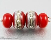 Silver Poppy Red Earring Beads with Spacers, Handmade Lampwork, Glass Jewelry Supplies