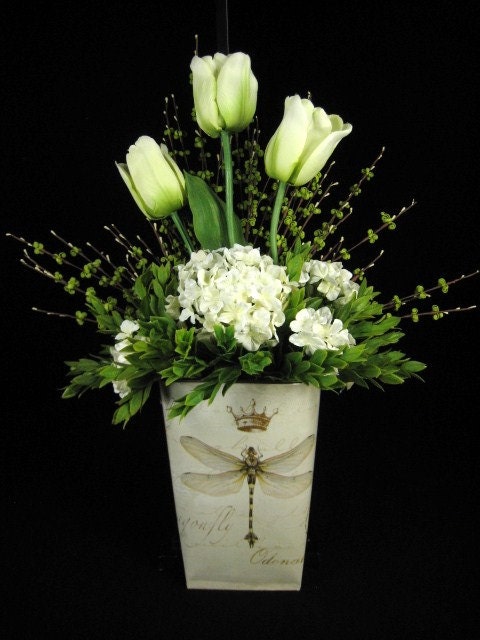 White Tulips and Hydrangea Dragonfly Crown Wall Pocket Door Wreath or Wall Mounted Home Decor