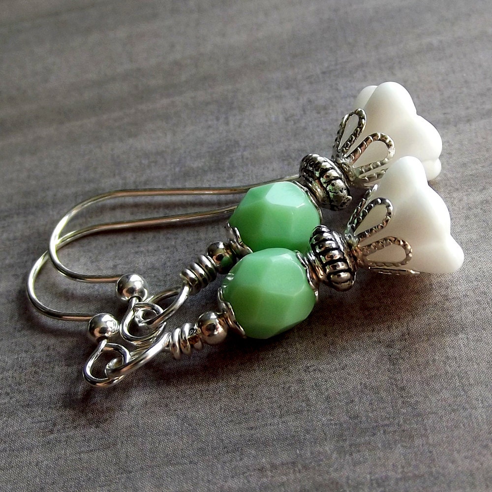 Handmade Earrings -Opaque White Flower & Creamy Mint Crystals