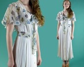 Romantic Long Maxi Dress / Sheer Flutter Collar 70s Vintage Bohemian Garden Party Dress / Angel Wing Flare Skirt Maxi Dress  S / M