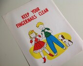 1960s Vintage School Mini Health Poster. Keep Your Fingernails Clean.