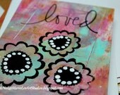 MarveLes  SET of SIX Mixed Media Prints Greeting Cards white cardstock pink lime green turquoise yellow silver gold