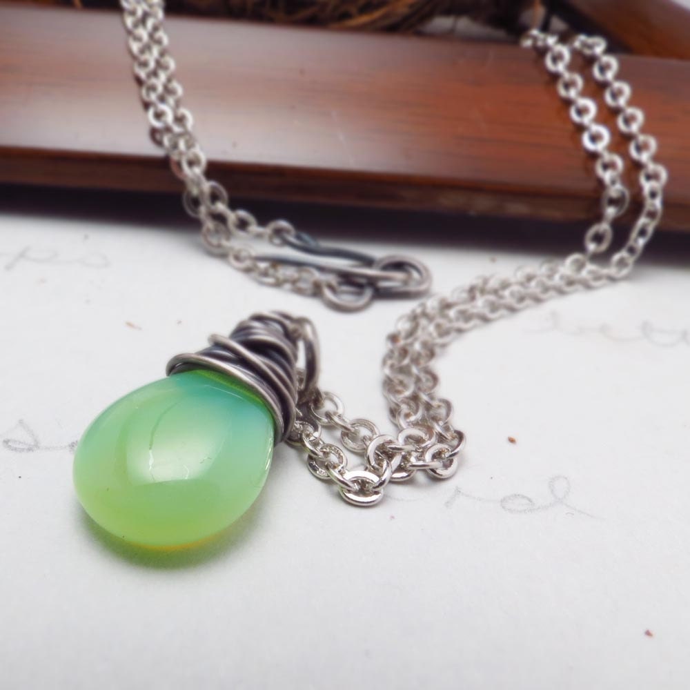 Green Necklace Czech Glass Oxidized Silver Wire Wrapped Pendant