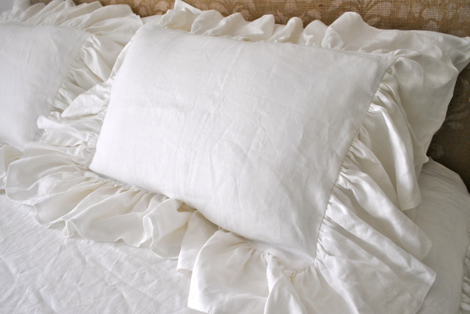White Linen Floppy Ruffle Pillow