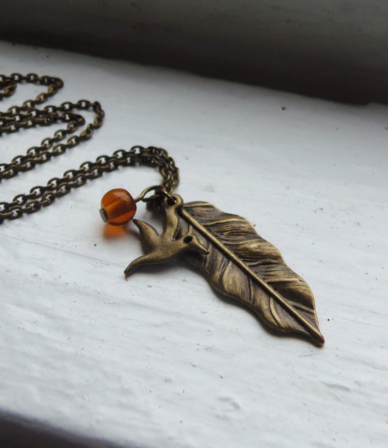 Feather and Bird Necklace. Nature Inspired Necklace. Vintage Inspired Necklace. Antique Bronze. Amber Topaz Necklace