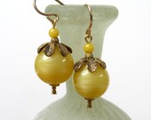 Sunshine Yellow Satin Glass Earrings with Vintage Caps