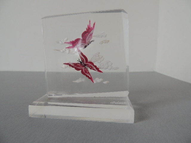 Small Butterflies and Clouds Embedded  In Lucite Paperweight