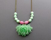 Green Rose Necklace Mint Green Flower Necklace Pink and Green Necklace Green Beaded Necklace Spring Jewelry Cottage Chic - Spring Fling