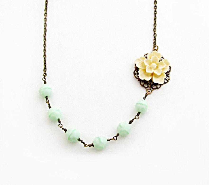 Mint Green Beaded Necklace Cream Flower Necklace Strand Necklace Pastel Necklace Mint Necklace Bridesmaid Jewelry - Decade