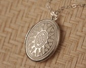 Small White Ornate Locket Necklace, Short Sterling Silver Chain, Oval Pendant, Delicate, Simple Fashion