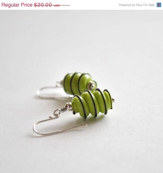 ON SALE Green Cork Screw Earrings - Lampwork Glass Earrings - Spiral Twist Dangle
