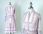 1970's Vintage Floral Print Blue White Prairie Dress - Small Medium