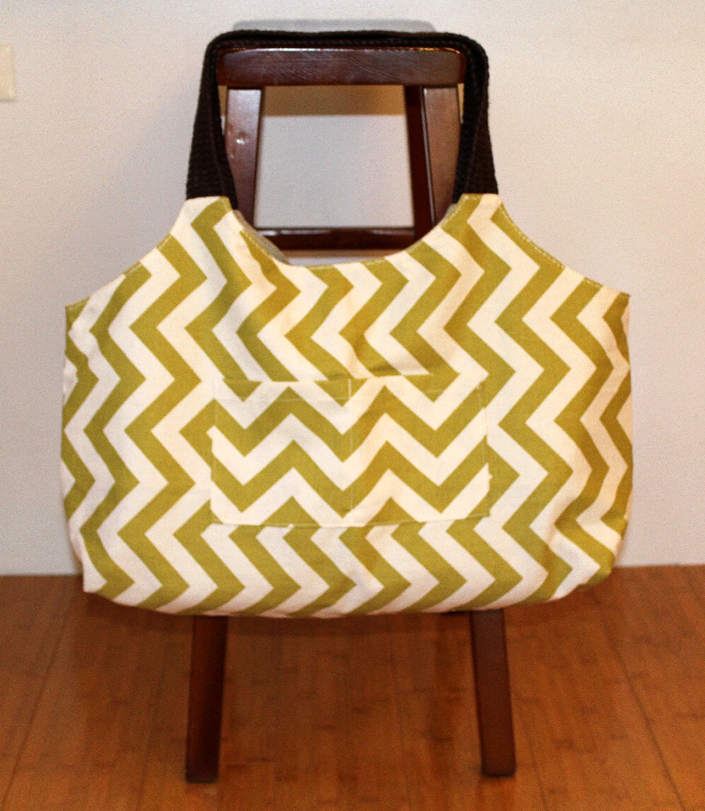 Reversible Tote, Beach bag, Market Bag, Green Chevron With Brown Jute Belt strap