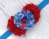 Fourth of July Shabby Chic Chiffon Rosettes Headband- Red White & Blue- Blue Satin Headband- Infant- Baby- Toddler- Girl