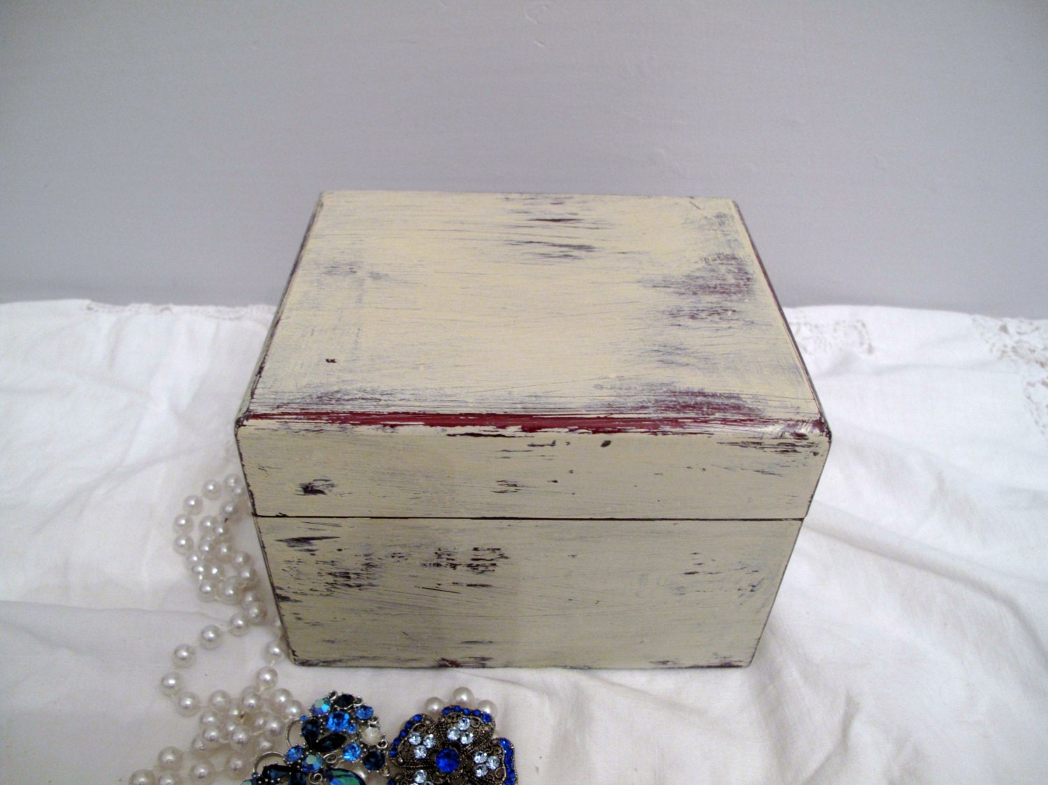 Vintage Jewelry Box , Gift, Handfinished,  Distressed  Cream.