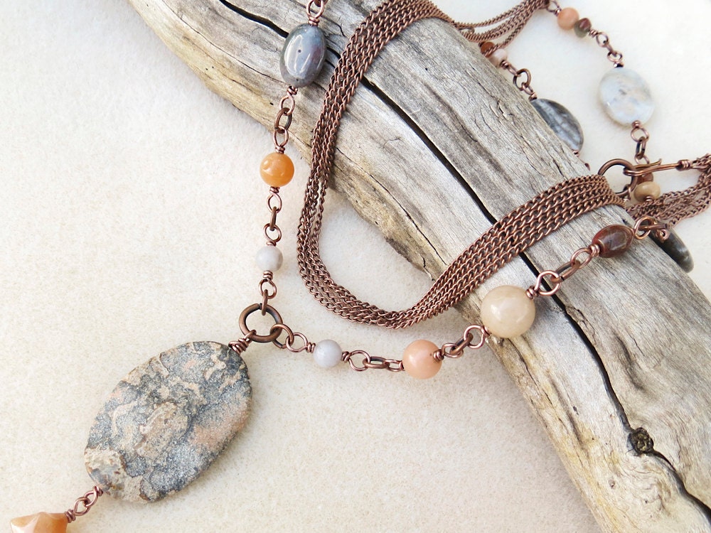 Wire Wrapped Necklace in Peach and Gray, Moonstone, Aventurine, Bamboo Jasper, Quartz, Handmade Jewelry by Creative Gypsy
