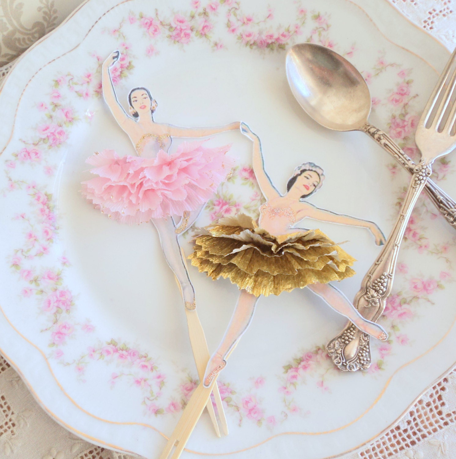 Les Ballerines Dorées. Twelve Vintage Style Ballerina Doll Toppers with Gold and Pink Tutus