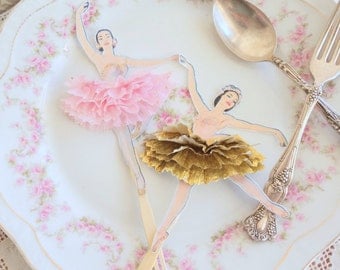 Les Ballerines Dorées. Twelve Vintage Style Ballerina Doll Toppers with Gold and Pink Tutus