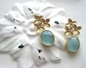 Light Blue Wide Hammered Gold Bezel Three Flower Gold Pendant Earrings Bridesmaids Wedding Party Bride