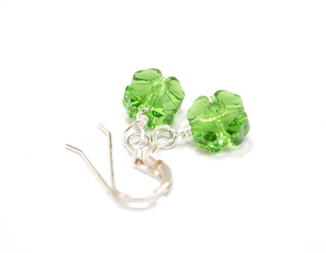 Clover Shamrock Swarovski Earrings, Lime Green Fern, Peridot, St Patricks Day Sterling Silver Minimalist Dangle Earrings  - Wish