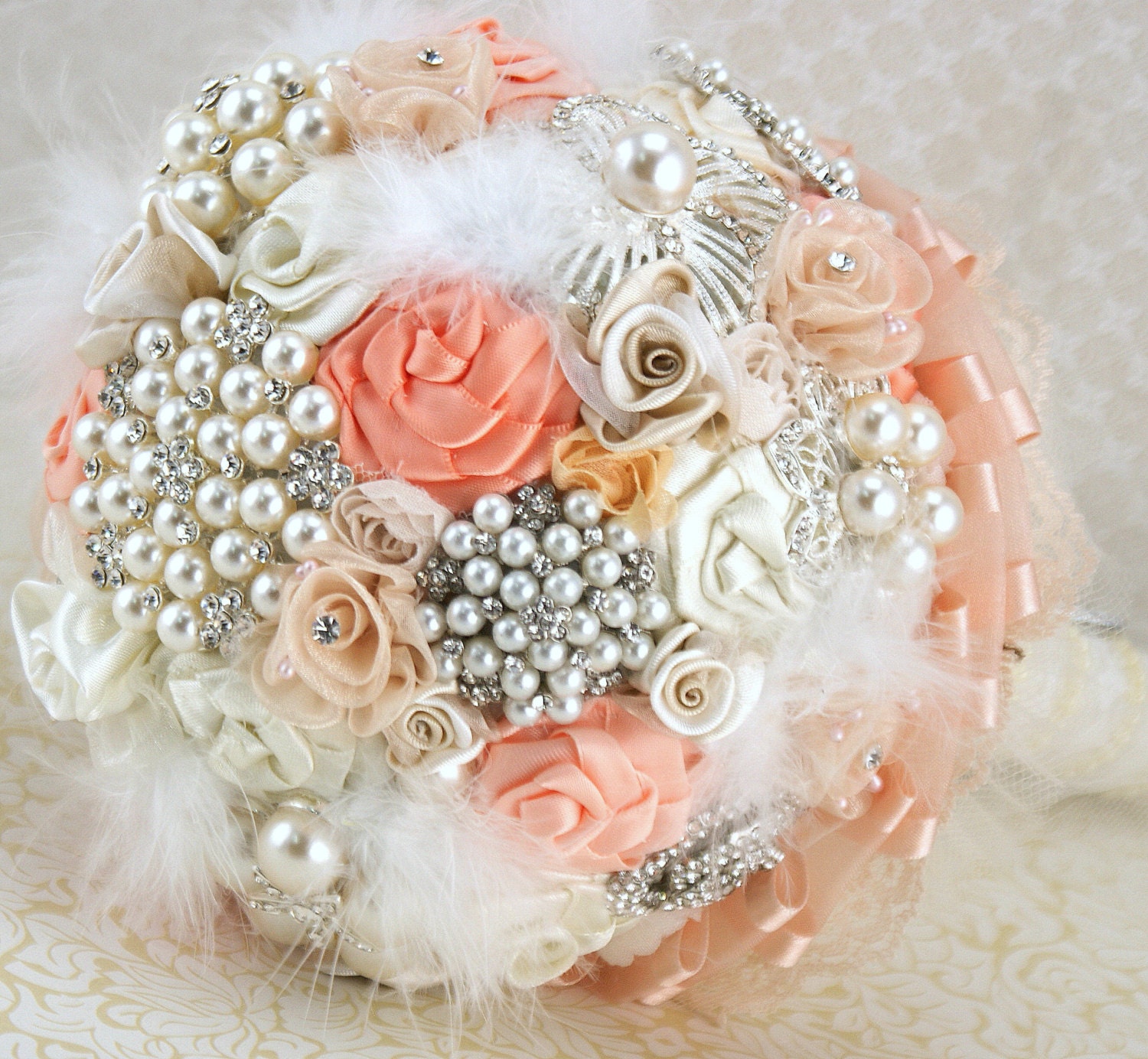 Brooch Bouquet Vintage-Style Pearl Bouquet in Peach and Ivory- Romance in Spring