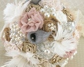Brooch Bouquet Shabby Chic Glam in Ivory, Champagne and Blush with Linen, Lace, Pearls, Burlap and Feathers