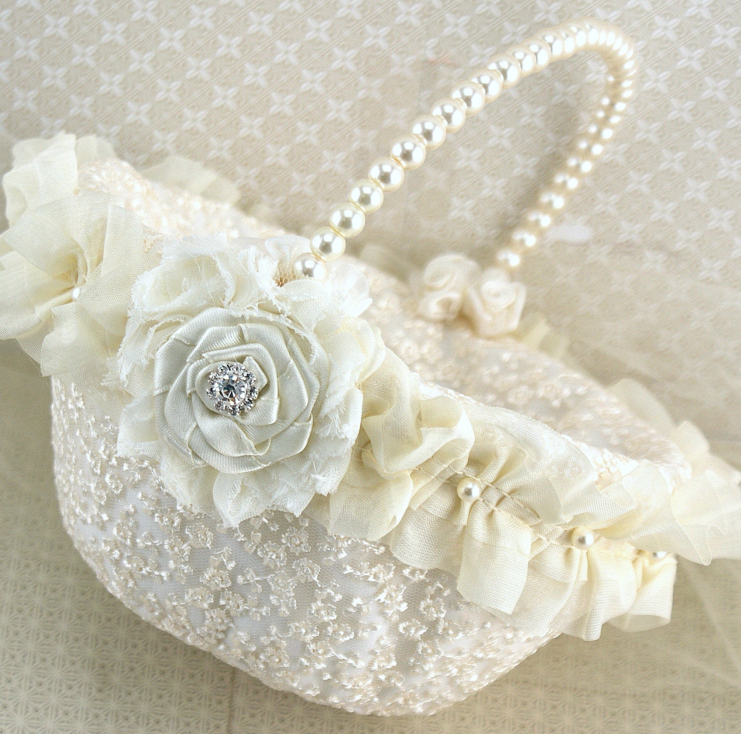 Flower Girl Basket - Bridal Basket in Ivory and Cream with Lace and Handmade Flowers- Vintage Touch