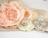 Bridal Sash - Wedding Sash in Peach, Ivory and Champagne- Vintage Inspired with Lace, Chiffon Pearls- Pearl Queen