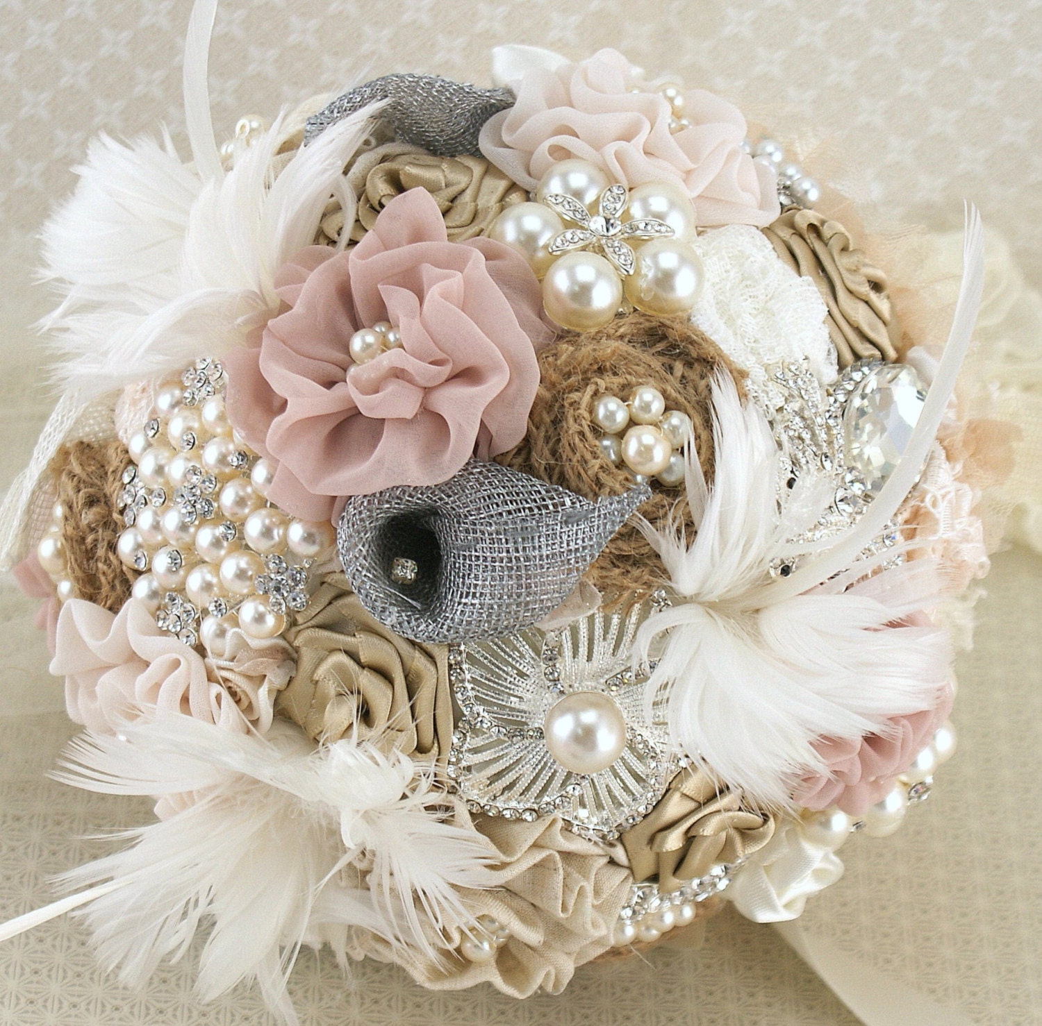 Brooch Bouquet Shabby Chic Glam in Ivory, Champagne and Blush with Linen, Lace, Pearls, Burlap and Feathers