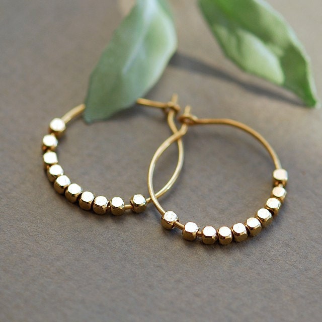 Tiny gold hoop earrings, Gold nugget earrings, Gold hoop earrings, Gold earrings, beaded hoop earrings, Gold filled earrings, 14kt earrings