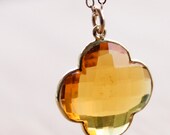 Gold Yellow Citrine Quartz Clover Necklace - 14Kt Gold Fill - Amber, Honey Drops