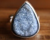 Silver Misty Grey Agate Druzy Gemstone Ring - Adjustable Ring - Teardrop