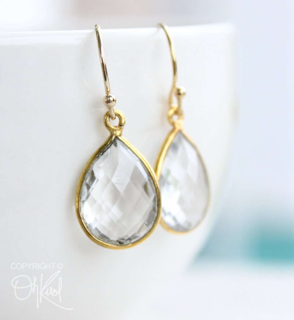 Gold Crystal Quartz Bridal Earrings - Gemstone Earrings - Teardrops