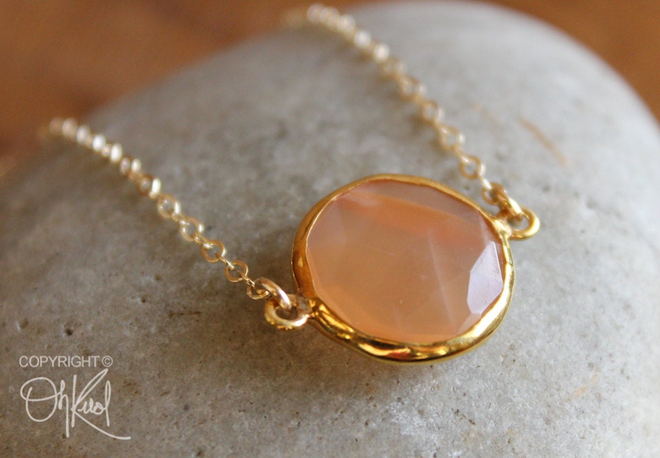 Gold Peach Moonstone Gemstone Necklace - 14K Gold Fill - Orange Stone